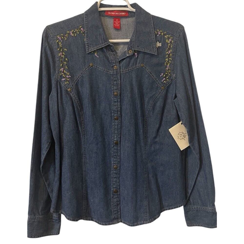 Gloria Vanderbilt Size Large Denim Embroidered Jean Shirt